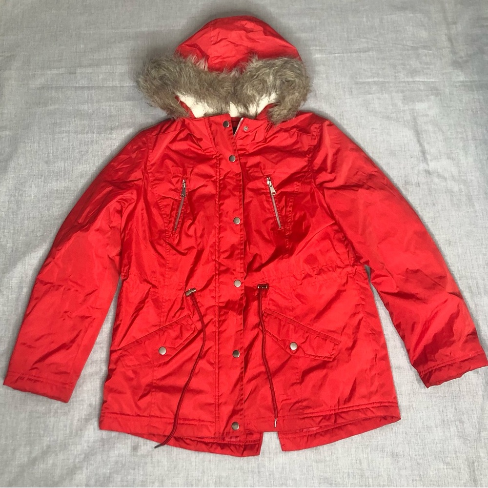 New Look Red Jacket/Coat with Fur Hood